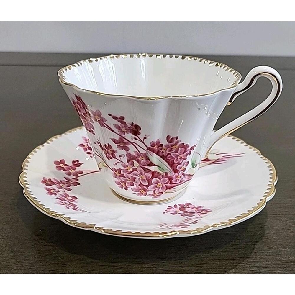 Royal Stafford Pink Wild Forget-Me-Nots Tea Cup & Saucer Gold Trim Flowers